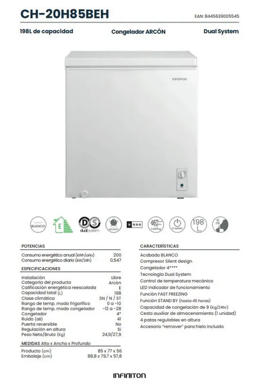 Arcon Congelador INFINITON CH-20H85BEH 198 Litros 85 x 77 x 56 cm E