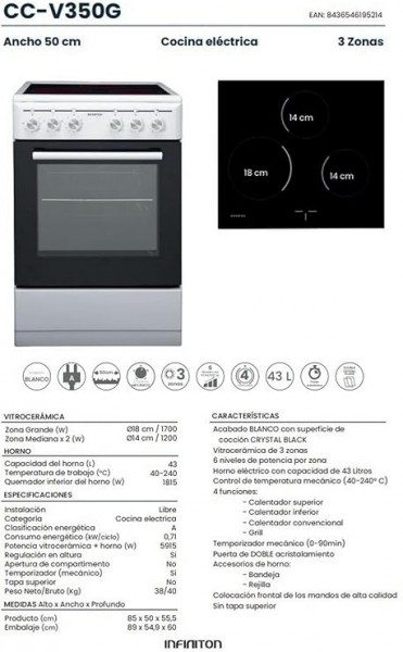 Cocina Eléctrica con Horno CC-V350G INFINITON Vitroceramica 3 Zonas más Horno Electrico An