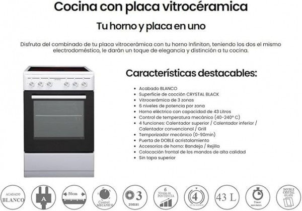 Cocina Eléctrica con Horno CC-V350G INFINITON Vitroceramica 3 Zonas más Horno Electrico An