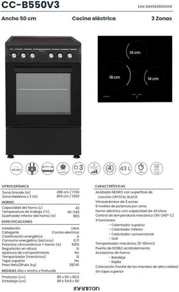 Cocina con Horno Infiniton CC-B550V3 Vitroceramica 3 Fuegos con Horno electrico 43 lts