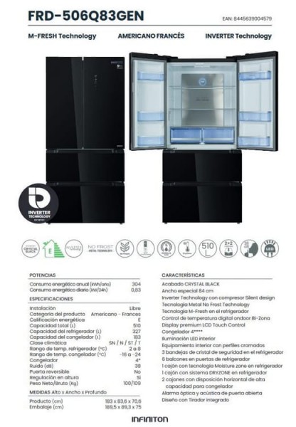Frigorifico Francés Infiniton FRD-506Q83GEN 183 cm E Total No Frost Ancho 84 cm Crystal Bl