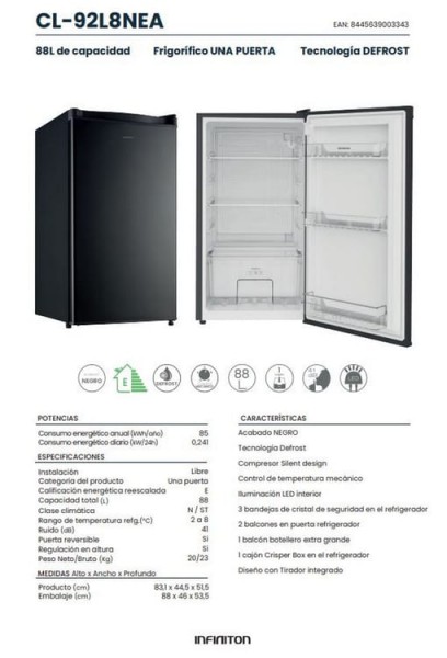 Frigorifico 1 puerta Infiniton CL-92L8NEA 83 cm 88 litros Negro E