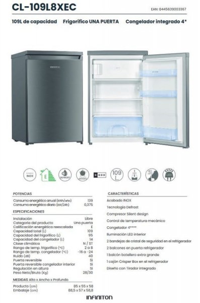 Frigorifico 1 Puerta Infiniton CL-109L8XEC 109 litros 85 cm E Inox Ciclico