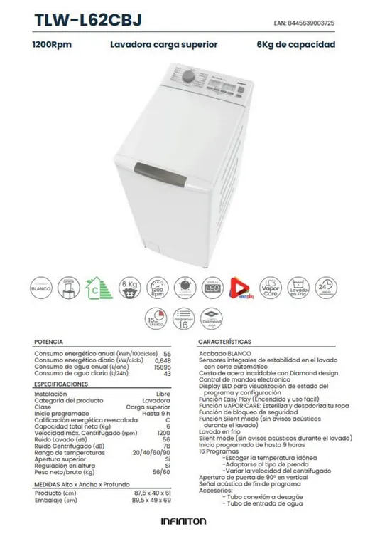 Lavadora Carga Superior Infiniton TLW-L62CBJ 6 kg 1200 rpm C Blanco