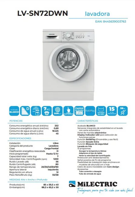 Lavadora Milectric LV-SN72DWN, 7 kg, 800 rpm, D, Blanco