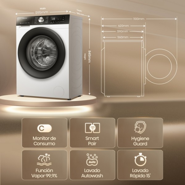 Lavadora carga frontal Hisense WF3S1043BW3, Blanco, 10.5 kg, 1400 rpm, A