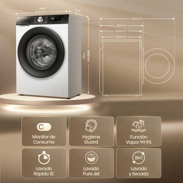 Lavasecadora Hisense WD3S9043BW3, 9+6kg, 1400rpm 