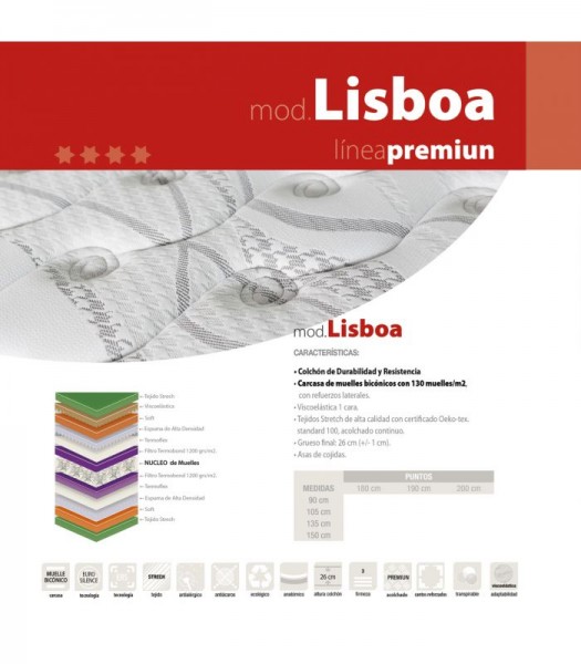 Colchón Modelo Lisboa Linea Premium Muelles Bicónicos Viscolástico 25cm +/-