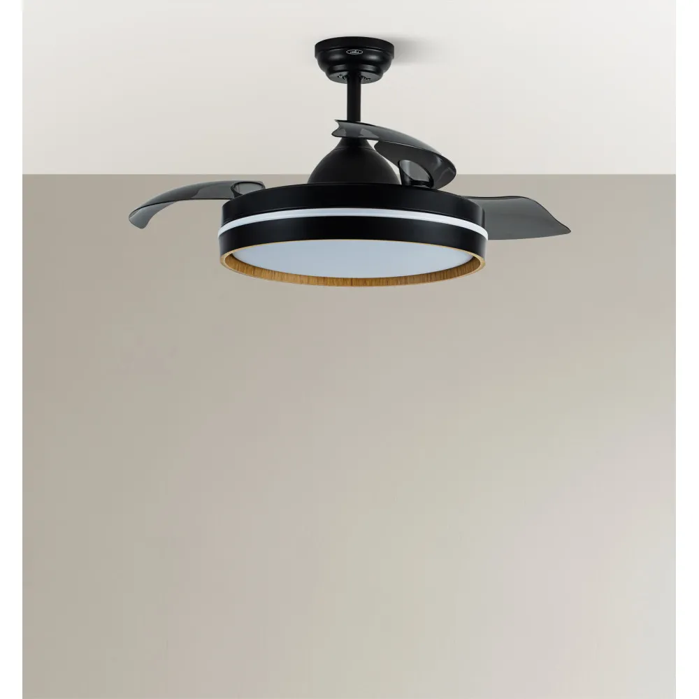 ​Ventilador Dc Nalon 72w Negro/madera Oscura 3aspas109d 7200lm 3000k,4500k,6000k 