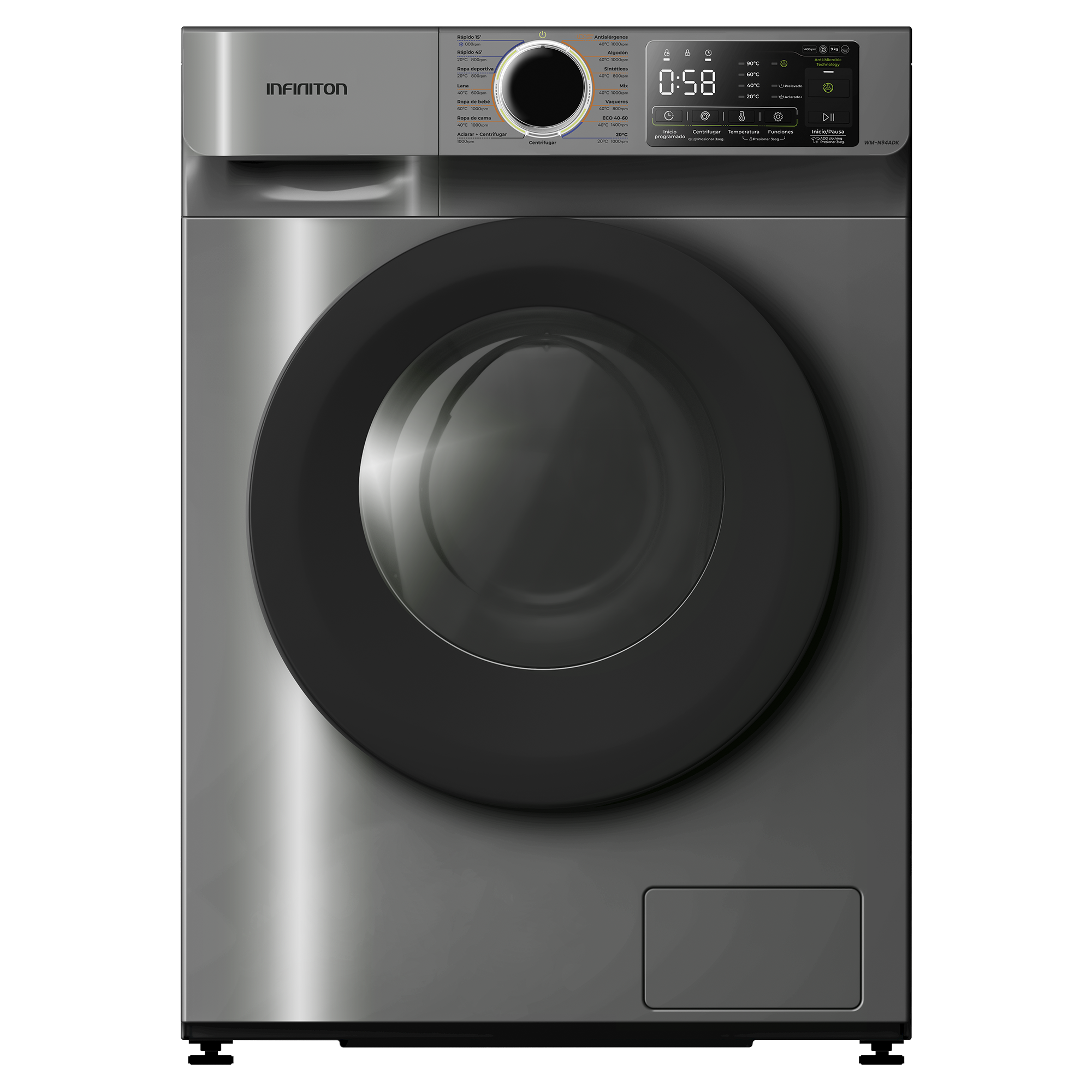 Lavadora INFINITON WN-N94ADK 9kg 1400 rpm Dark Inox Inverter Clase A