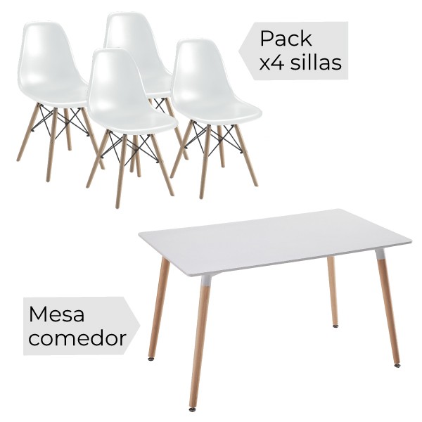 Conjunto mesa recta y 4 sillas Dinamarca blanco